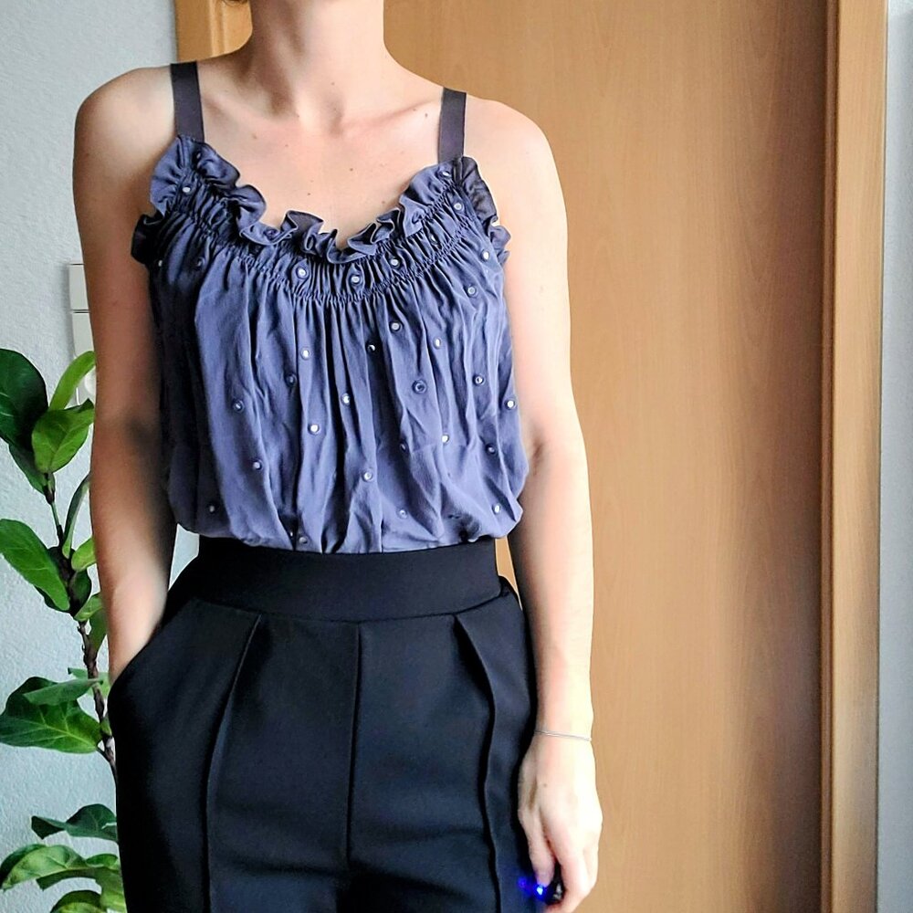 Rebecca Taylor Gray Ruffle Neckline Sleeveless Mirror Embellished Cami Tank Top